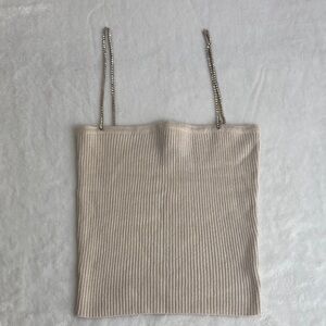 Brandy Mervilor Beige Ribbed Knit Tank Top with Chain Straps Size M